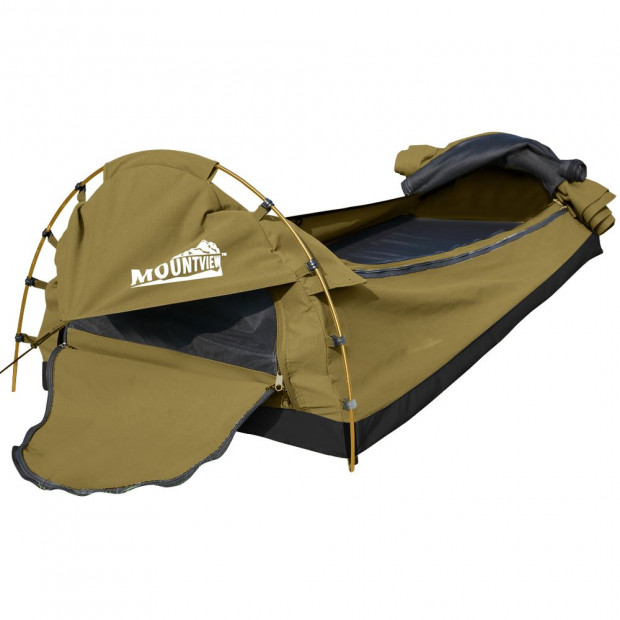 Mountview Camping Swags Tent Kings Pole with Awning Double Khaki Image 3