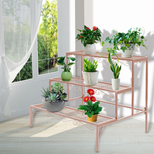Plant Stand 3 Tier Rectangle Metal Flower Planter Shelf Rose Gold Image 7