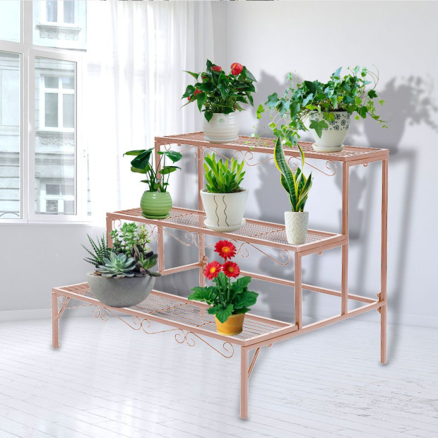 Plant Stand 3 Tier Rectangle Metal Flower Planter Shelf Rose Gold Image 8