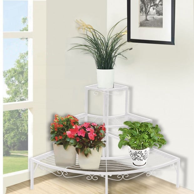 3 Tier Corner Shape Metal Plant Stand Planter Shelf In White Colour
