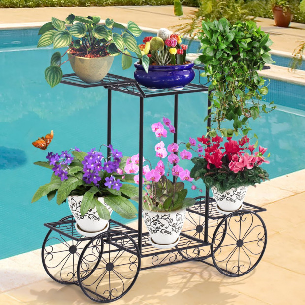 Metal Plant Stand With 6 Plant Pots Space With 4 Wheels Black Colour