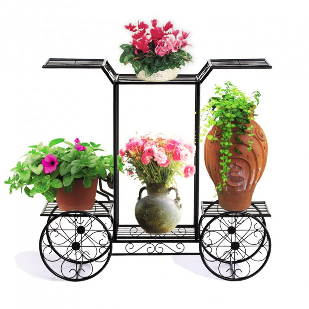 Metal Plant Stand With 6 Plant Pots Space With 4 Wheels Black Colour Image 2