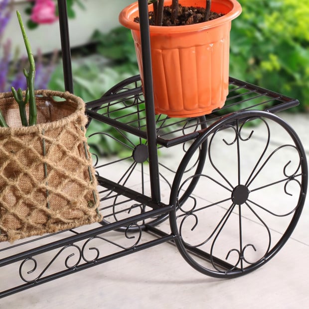Metal Plant Stand With 6 Plant Pots Space With 4 Wheels Black Colour Image 3