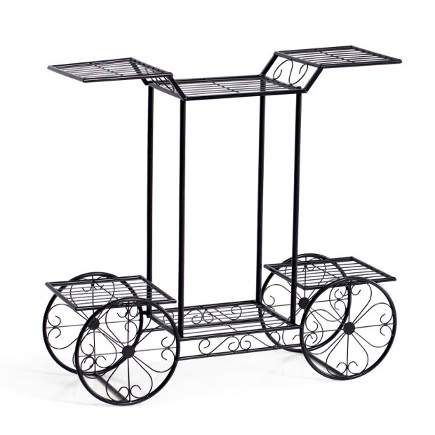 Metal Plant Stand With 6 Plant Pots Space With 4 Wheels Black Colour Image 4