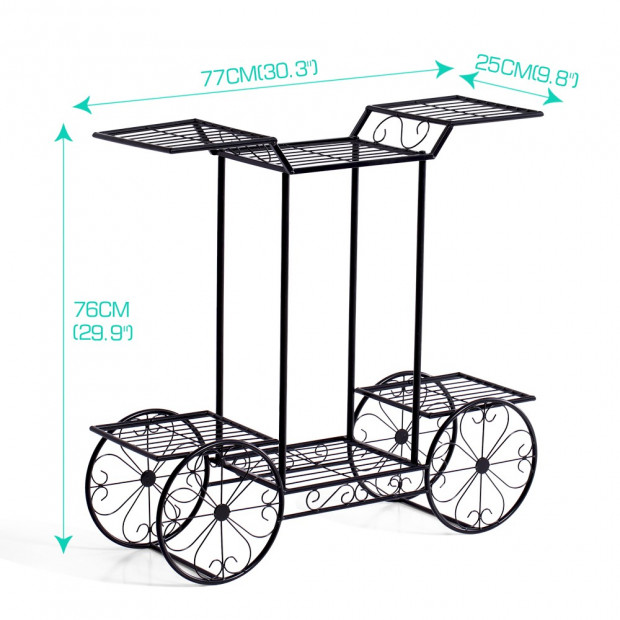 Metal Plant Stand With 6 Plant Pots Space With 4 Wheels Black Colour Image 6