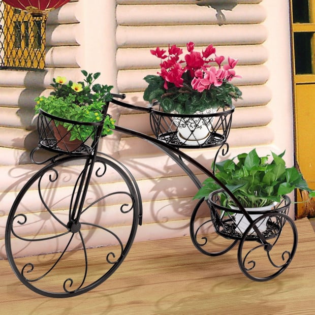 Bicycle Shape Metal Plant Stand With 3 Plant Pots Space Black Colour