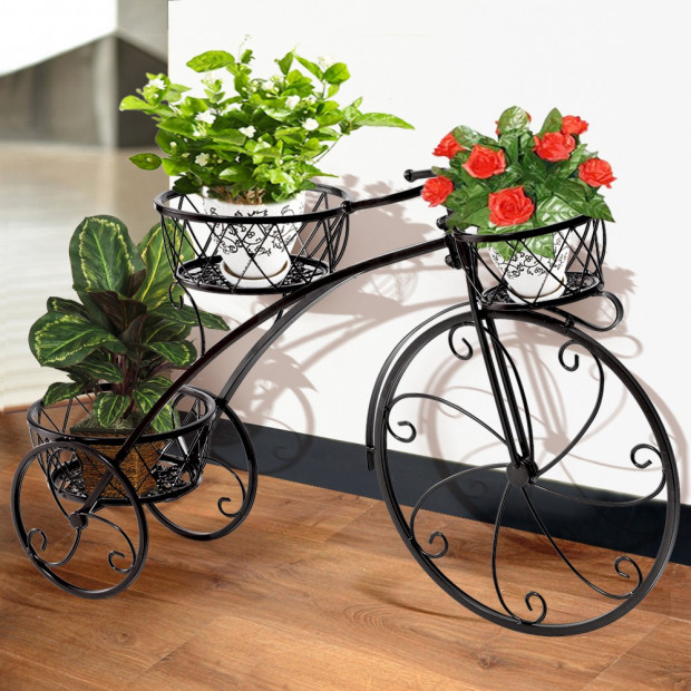 Bicycle Shape Metal Plant Stand With 3 Plant Pots Space Black Colour Image 3
