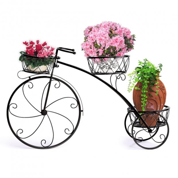 Bicycle Shape Metal Plant Stand With 3 Plant Pots Space Black Colour Image 4