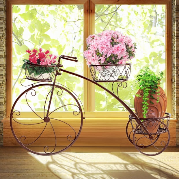 Bicycle Shape Metal Plant Stand With 3 Plant Pots Space Bronze Colour