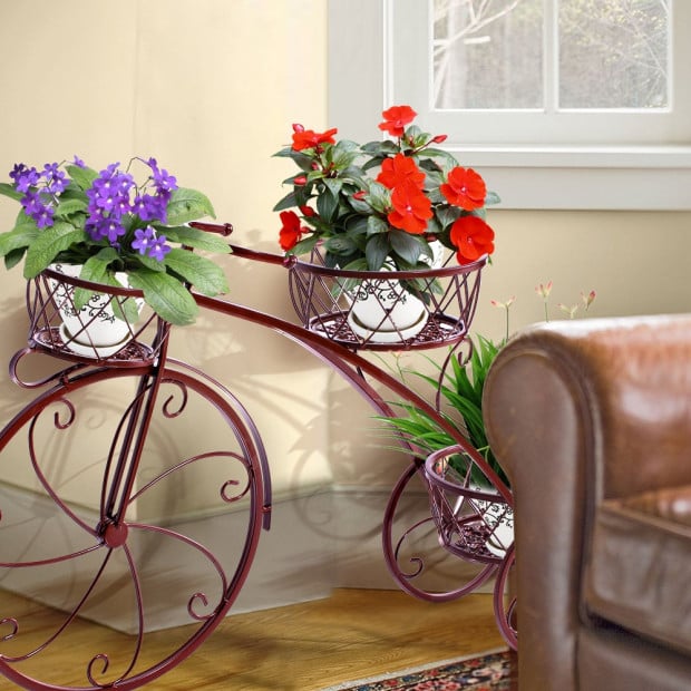 Bicycle Shape Metal Plant Stand With 3 Plant Pots Space Bronze Colour Image 2