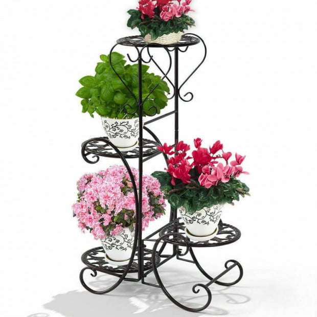 2x Flower Shape Metal Plant Stand with 4 Plant Pot in Black