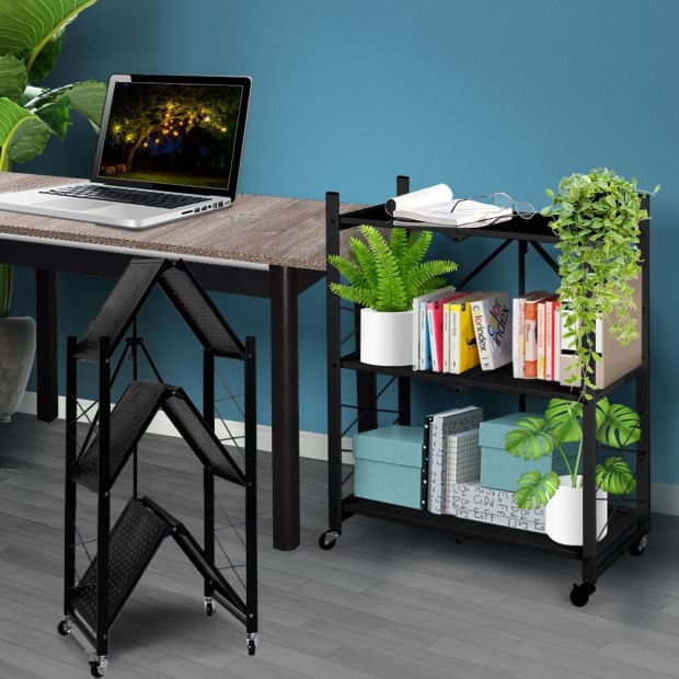 Foldable Storage Shelf Display Rack Bookcase Wheel Collapsible Image 7