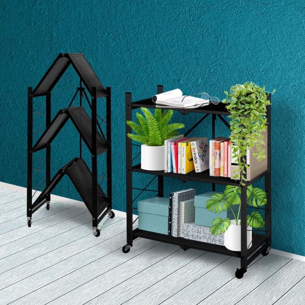 Foldable Storage Shelf Display Rack Bookcase Wheel Collapsible Image 8