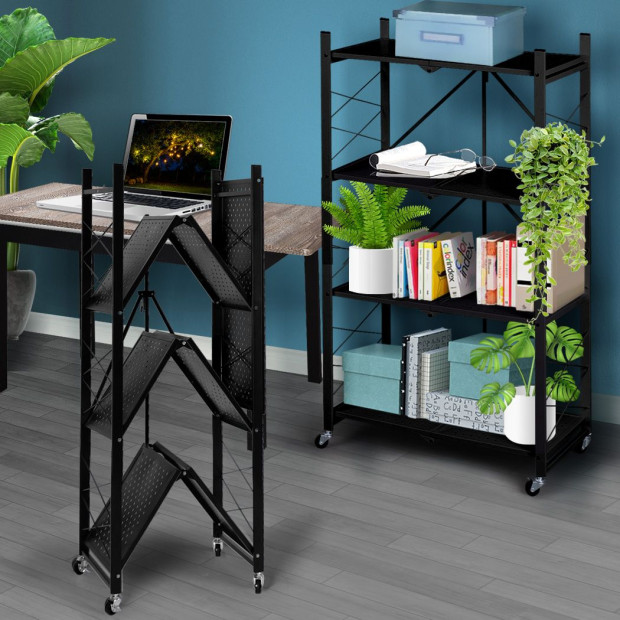 Foldable Storage Shelf Display Rack Bookshelf Wheel Collapsible Image 7