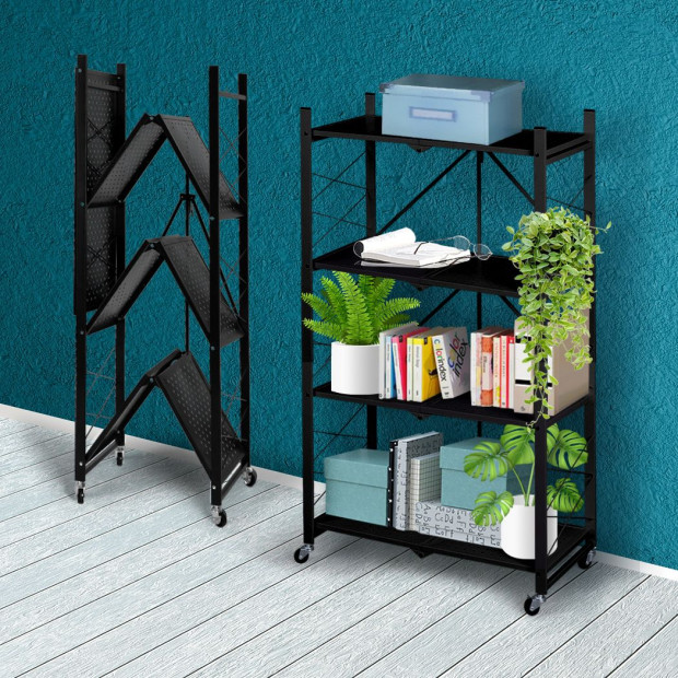 Foldable Storage Shelf Display Rack Bookshelf Wheel Collapsible Image 8