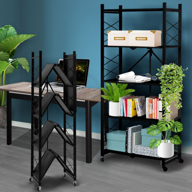 Foldable Storage Shelf Display Rack Bookshelf Wheel Collapsible Image 7