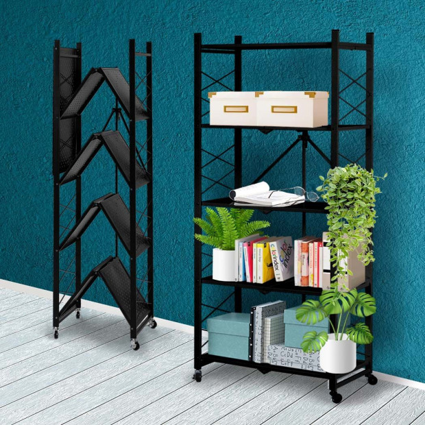 Foldable Storage Shelf Display Rack Bookshelf Wheel Collapsible Image 8