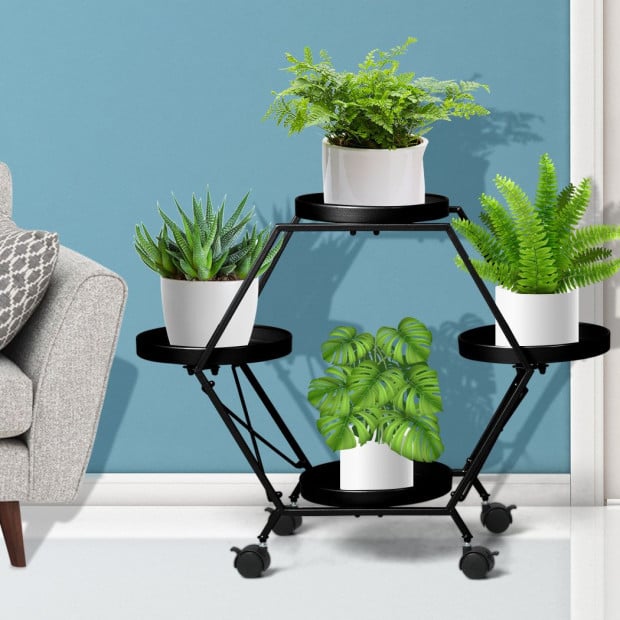 Plant Stand Metal Outdoor Indoor Garden Decor Flower Pot Rack Wheels Image 7