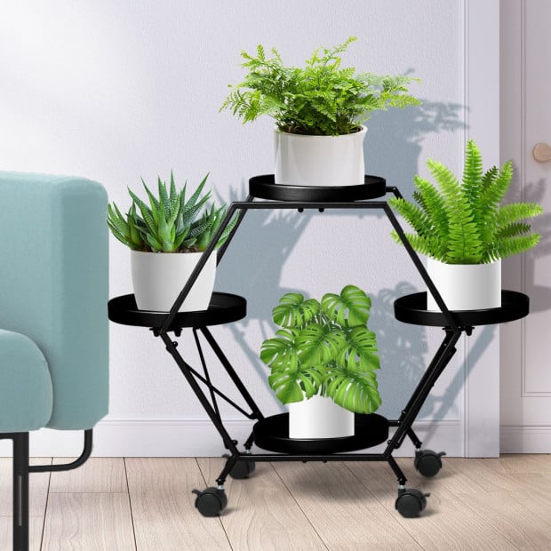 Plant Stand Metal Outdoor Indoor Garden Decor Flower Pot Rack Wheels Image 8