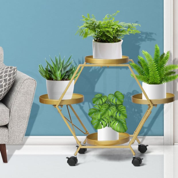 Plant Stand Metal Outdoor Indoor Garden Decor Flower Pot Rack Wheels Image 7