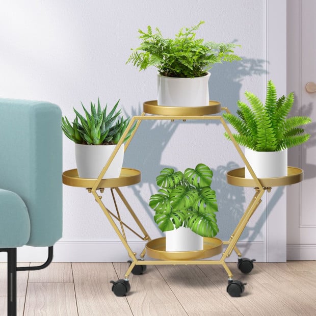 Plant Stand Metal Outdoor Indoor Garden Decor Flower Pot Rack Wheels Image 8