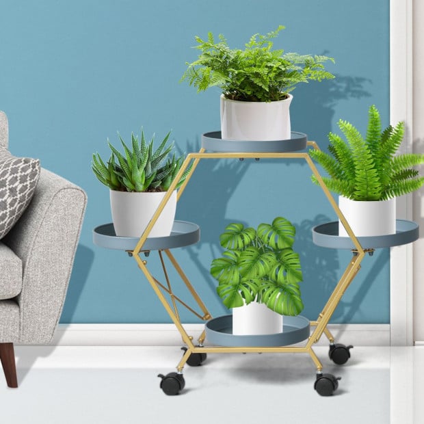 Plant Stand Metal Outdoor Indoor Garden Decor Flower Pot Rack Wheels Image 7