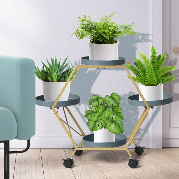 Plant Stand Metal Outdoor Indoor Garden Decor Flower Pot Rack Wheels Image 8