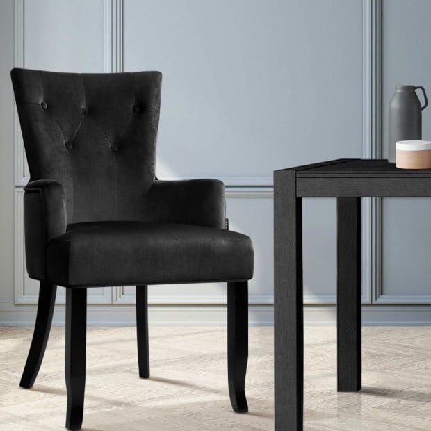 Dining Chairs French Provincial Chair Velvet Fabric Timber Retro Black Image 7