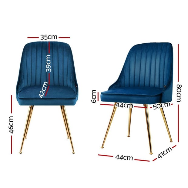 Set of 2 Dining Chairs Retro Kitchen Modern Metal Legs Velvet Blue Image 2