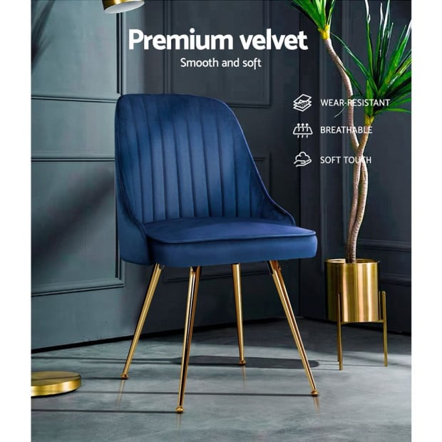 Set of 2 Dining Chairs Retro Kitchen Modern Metal Legs Velvet Blue Image 5