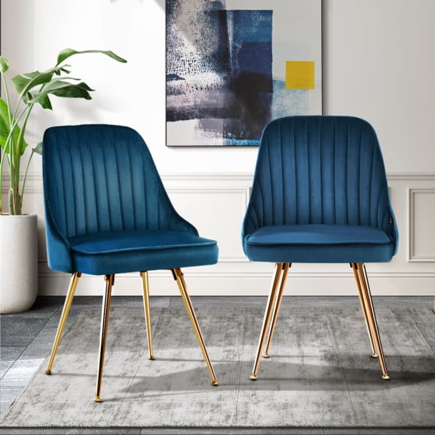 Set of 2 Dining Chairs Retro Kitchen Modern Metal Legs Velvet Blue Image 8