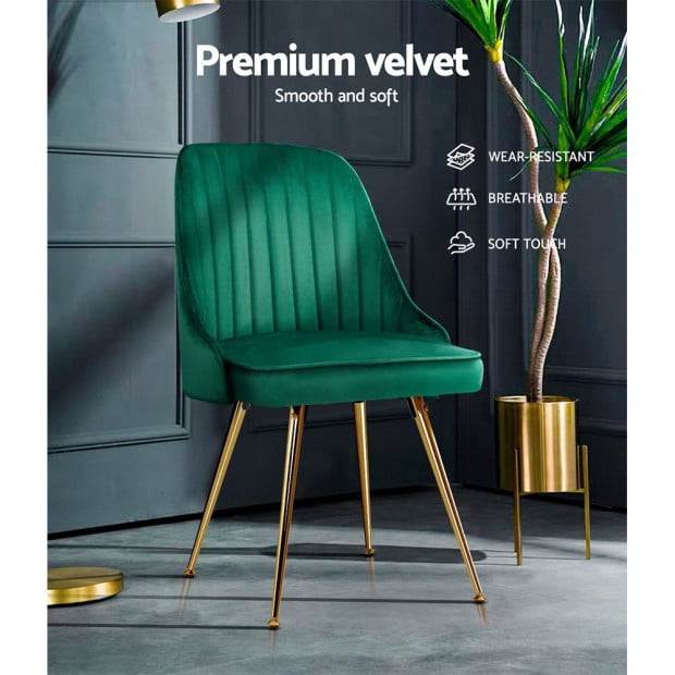 Set of 2 Dining Chairs Retro Kitchen Modern Metal Legs Velvet Green Image 5
