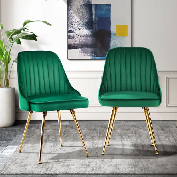 Set of 2 Dining Chairs Retro Kitchen Modern Metal Legs Velvet Green Image 8