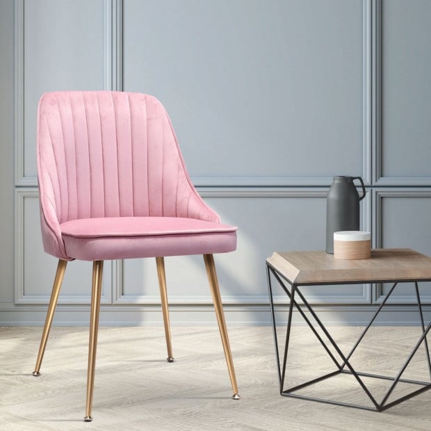 Dining Chairs Retro Chair Cafe Kitchen Modern Iron Legs Velvet Pink x2 Image 7