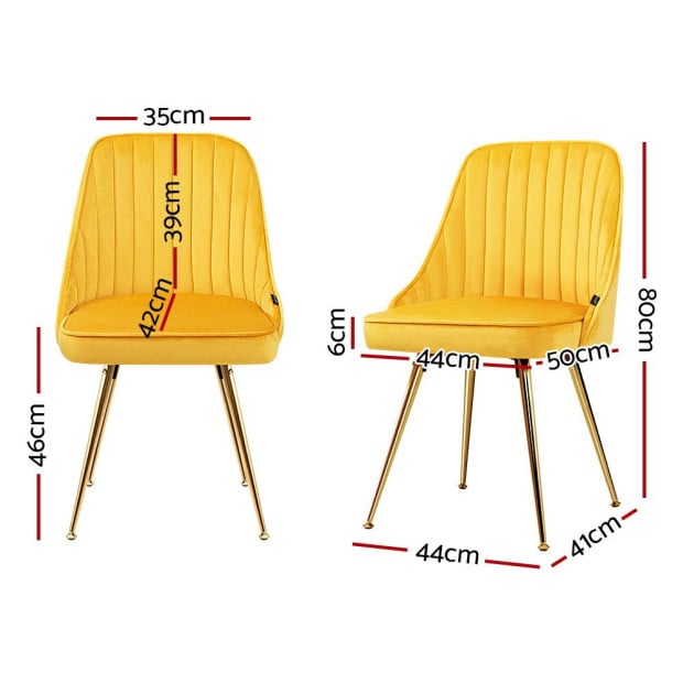 Set of 2 Dining Chairs Retro Kitchen Modern Metal Legs Velvet Yellow Image 2