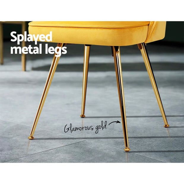 Set of 2 Dining Chairs Retro Kitchen Modern Metal Legs Velvet Yellow Image 7