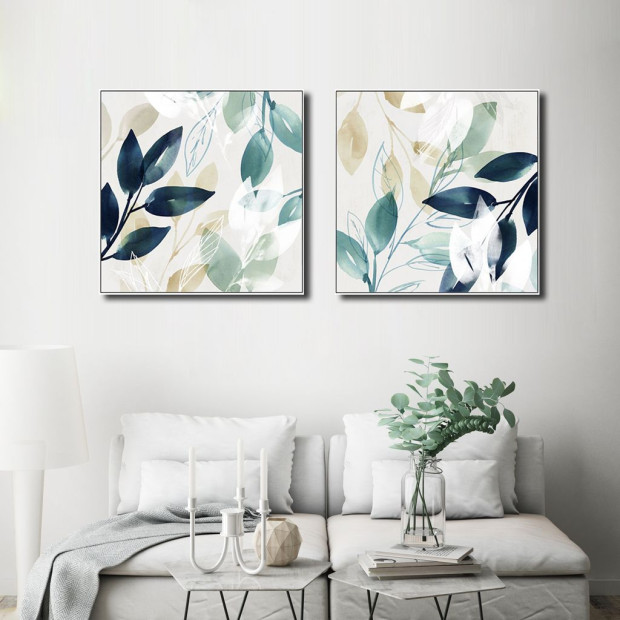 50cmx50cm Watercolour Style Leaves 2 Sets White Frame Canvas Wall Art Image 2