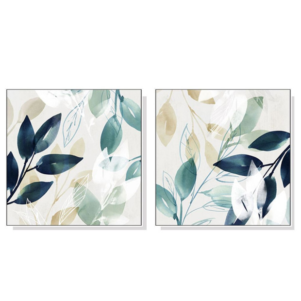 60cmx60cm Watercolour Style Leaves 2 Sets White Frame Canvas Wall Art