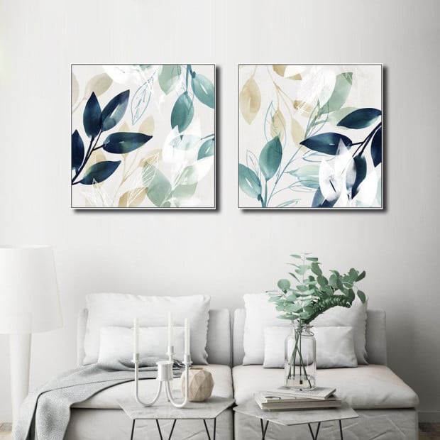 70cmx70cm Watercolour Style Leaves 2 Sets White Frame Canvas Wall Art Image 2