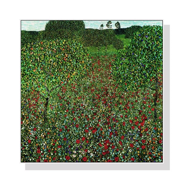 70cmx70cm Field Of Poppies By Gustav Klimt White Frame Canvas Wall Art