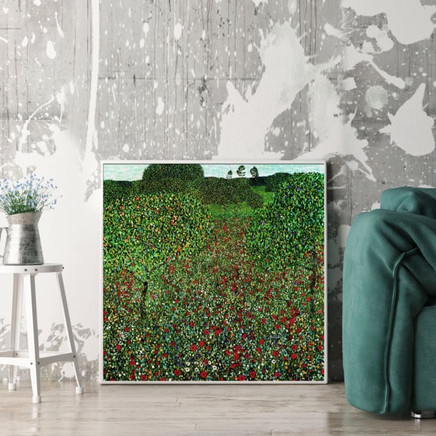 70cmx70cm Field Of Poppies By Gustav Klimt White Frame Canvas Wall Art Image 2