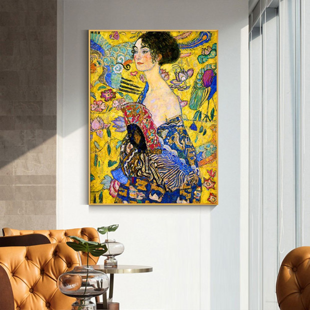 70cmx100cm Lady With A Fan By Klimt Gold Frame Canvas Wall Art Image 2