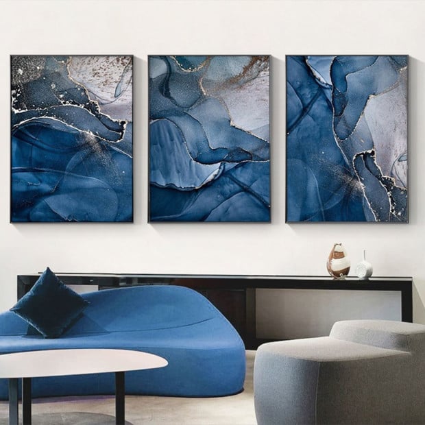 50cmx70cm Blue Gold Marble 3 Sets Black Frame Canvas Wall Art Image 4