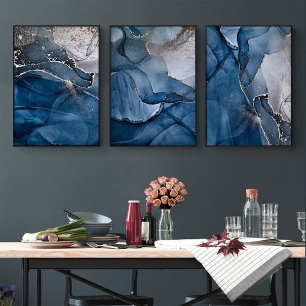 60cmx90cm Blue Gold Marble 3 Sets Black Frame Canvas Wall Art Image 2