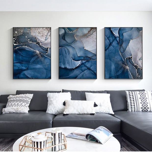 60cmx90cm Blue Gold Marble 3 Sets Black Frame Canvas Wall Art Image 3