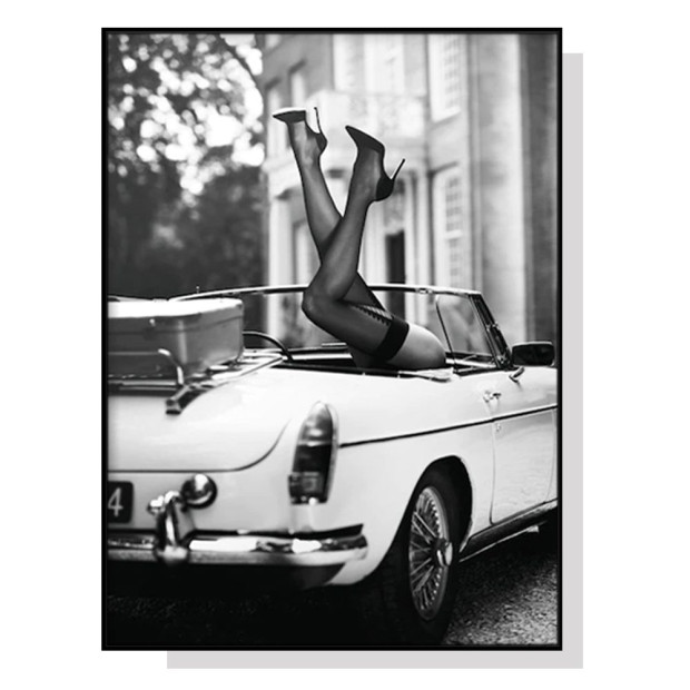50cmx70cm High Heels In Classic Car Black Frame Canvas Wall Art