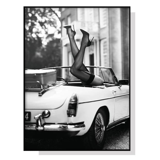 80cmx120cm High Heels In Classic Car Black Frame Canvas Wall Art
