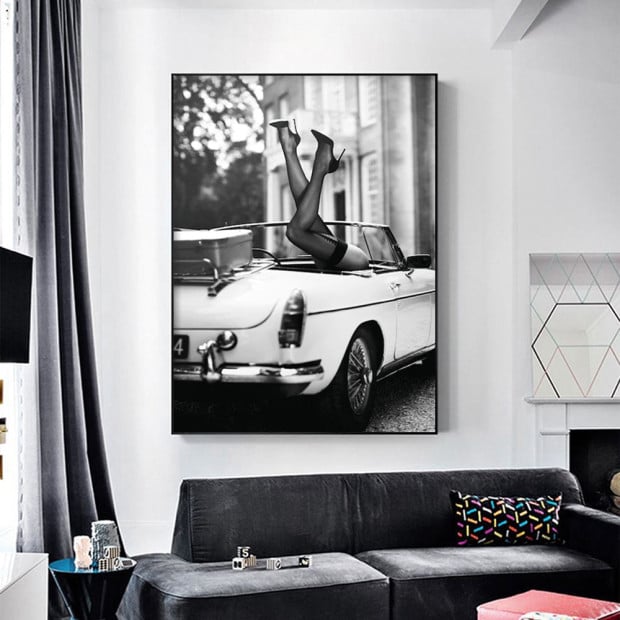 80cmx120cm High Heels In Classic Car Black Frame Canvas Wall Art Image 2
