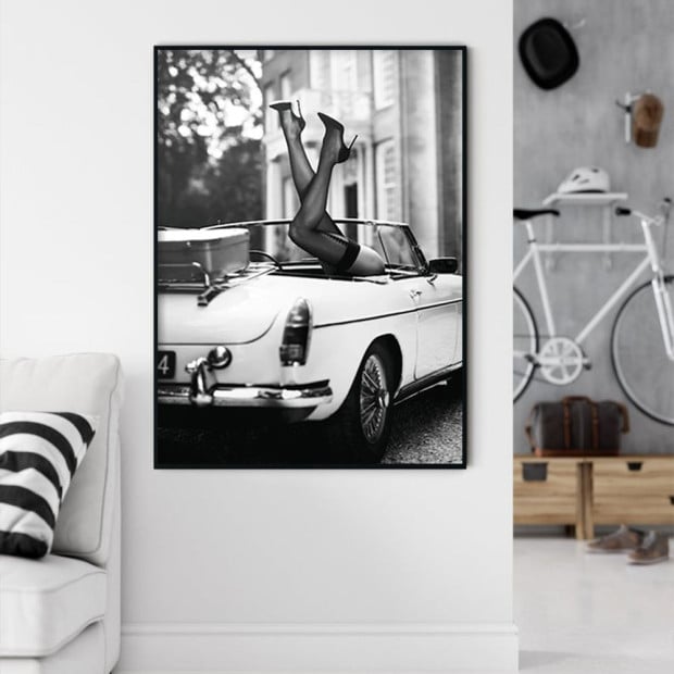 80cmx120cm High Heels In Classic Car Black Frame Canvas Wall Art Image 4