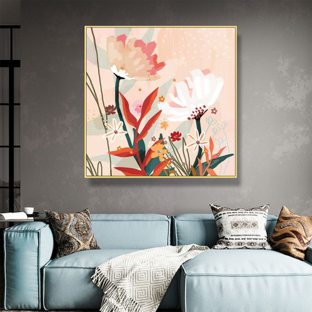 70cmx70cm Native Floral Gold Frame Canvas Wall Art Image 4